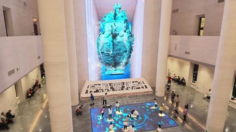 Atrium LED Screen Showing Animated Bronze Vessel Video stock 348070204