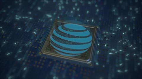ATT logo on the chip on computer board. Conceptual editorial 3d rendering Illustrazione stock