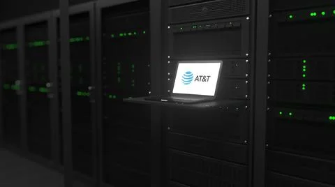 ATT logo on the screen in a modern server room. Conceptual editorial 3d 스톡 일러스트