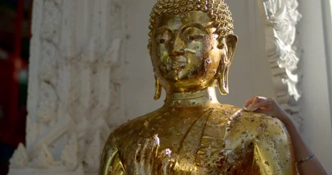Attach gold leaf to the Buddha image.Go to the temple to make merit. Stock Footage 310631065