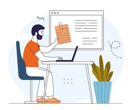 Attached file in email. Man sends document via electronic mail. Business Stock Illustration
