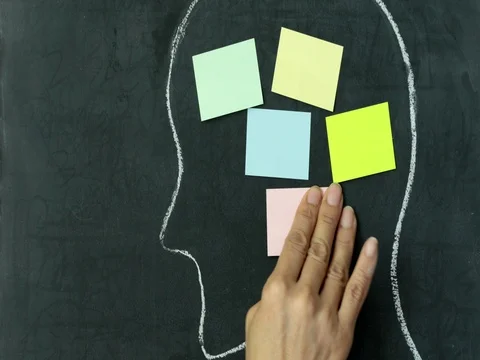 Attaching blank sticky notes in chalk drawn head outline Stock Footage 75800242