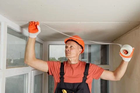 Attaching  mesh to the plasterboards. Stock Photos