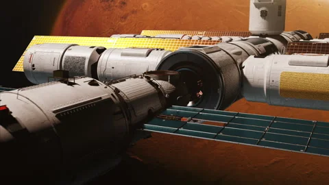 Attachment of a space module to a space station in orbit of the Planet Mars Stock Footage 242781544