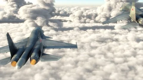 Attack aircraft flying above the clouds Stock Footage 58974311