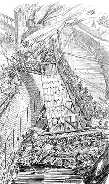 Attack and defence of a city wall in the 12th century after Eugene Emmanuel Stock Illustration