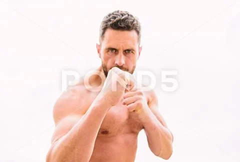 Attack and defence. Get ready attack. Hooligan or boxer. Victory requires Stock Photos