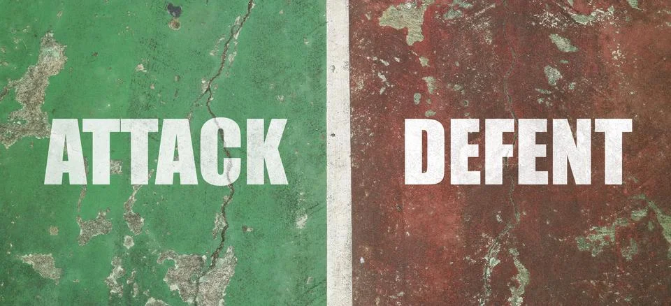 ATTACK and DEFEND text in white bold font, separated by a white vertical li.. Stock Photos