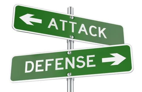 Attack and Defense green direction arrows, street signs. 3D rendering Stock Illustration