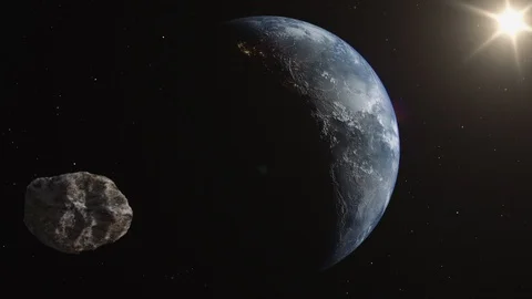 Attack of the asteroid on the Earth . 3d Visulisation of earth planet, sun and Stock Footage 111996929