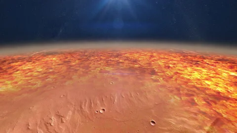 Attack of the asteroid on the Mars. Cooling and dead surface of the planet. Stock Footage 102005773