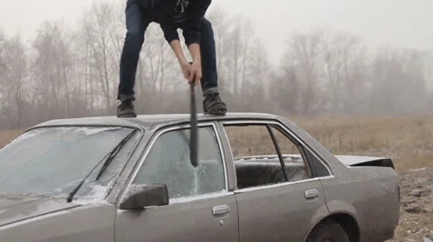 Attack On Car. Side Window. Baseball Bat Video stock 47359780