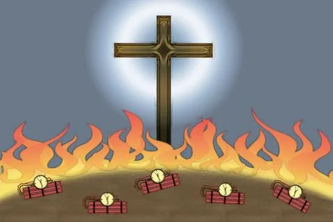 Attack on Christianity flames and bombs Christian Cross Stock Illustration