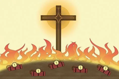 Attack on Christianity flames and bombs Christian Cross Stock Illustration