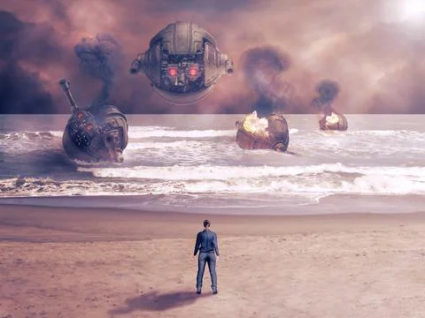 Attack of combat robots in futuristic battle at war. Science fiction concept  Stock Illustration