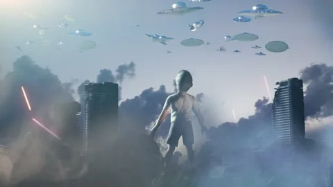 Attack of flying alien ufo saucers on the city 3d render Stock Footage 197307106