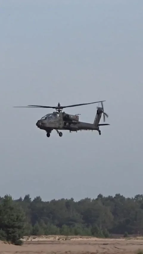 Attack helicopter flying low between trees military helicopter aeroplane power Stock Footage 282583484
