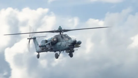 The attack helicopter Mi-28 "Havoc" flies high in the sky. Stock Footage 172585496
