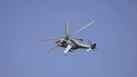 Attack helicopter Mi-35P Demonstration flight. Mi-35P in factory paint:. Newest Stock Footage 168260509