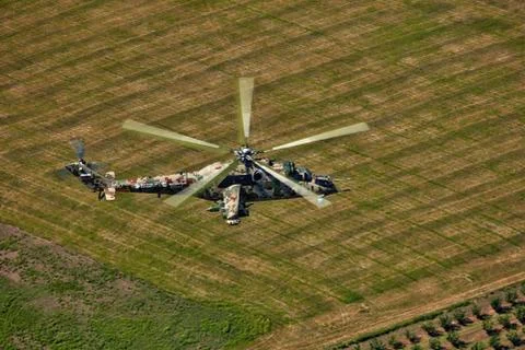 Attack helicopter Mi-35P in flight, view from a parallel helicopter (export v Stock Photos