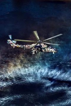 Attack helicopter Mi-35P in flight, view from a parallel helicopter (export v Stock Photos