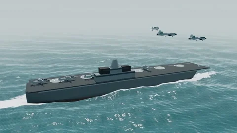 Attack helicopters on amphibious assault ship deck jets overhead aerial hazy Stock Footage 343742011
