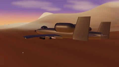 Attack jet running low through a desert canyon in golden hour light Stock Footage 340874318