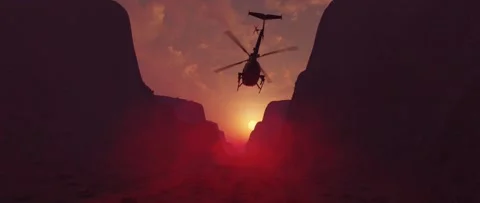 Attack military helicopter flying fast through desert canyon cliffs at sunset. Stock Footage 144601029