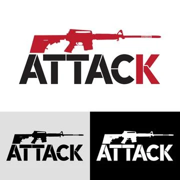 Attack modern typography logo design featuring an assault rifle Stock Illustration