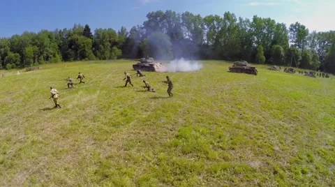 Attack of Red army with tanks during reconstruction Battlefield Video stock 47639501