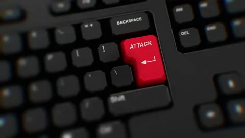 Attack red button on keyboard. A finger presses Enter. Click Attack. Close Up Stock Footage 204165762
