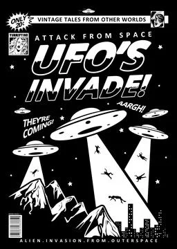Attack From Space - Ufo's Invade - Flying Saucers Poster Art Illustrazione stock