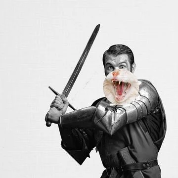 Attack. Surreal artwork with medieval knight, warrior with part of cat's face Stock Photos