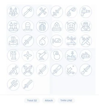 Attack Vector Icon Repository containing 32 Thin Line Retina Ready Pixel Op.. Stock Illustration