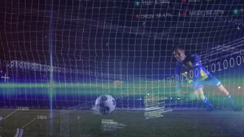 Attacker striking ball to score, goalkeeper diving, lying in net as sports HUD Stock Footage 330756508