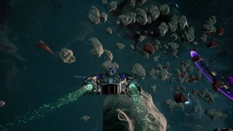 Attacking the alien fleet in the intergalactic battle of a digital video game Stock Footage 312007018