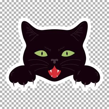 Attacking black cat face with fangs and sharp claws. Vampire cat sticker Stock Illustration
