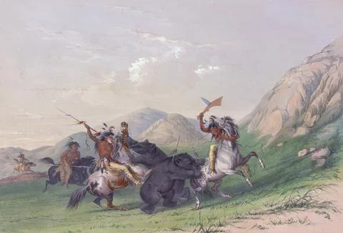 Attacking the Grizzly Bear.  Mounted Indians attack a bear with lances and an ax Stock Illustration