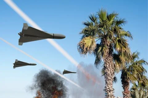 Attacking kamikaze drones fly over palm trees in a clear sky, against a backdrop 写真素材