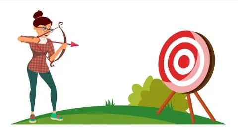 Attainment Winner Concept Vector. Business Woman Shooting From A Bow In A Target Stock Illustration