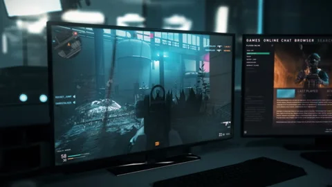 Attempting to defend the bomb site from opponents in the computer video game Stock Footage 309713249