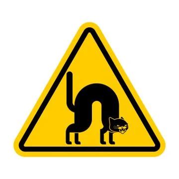 Attention Angry cat. Caution Attacker pet bully. Yellow triangle road sign Stock Illustration