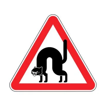 Attention Angry cat. Caution Attacker pet bully. Red triangle road sign Stock Illustration