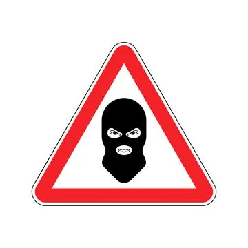 Attention balaclava Bandit. Caution Terrorist. Red road triangle sign. Avas.. Stock Illustration