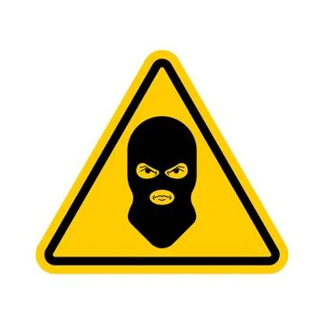 Attention balaclava Bandit. Caution Terrorist. Yellow road triangle sign. A.. Stock Illustration
