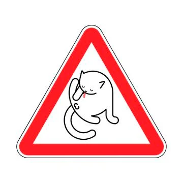 Attention cat licks itself. Red prohibitory road sign. Danger pet . Vector il イラスト素材