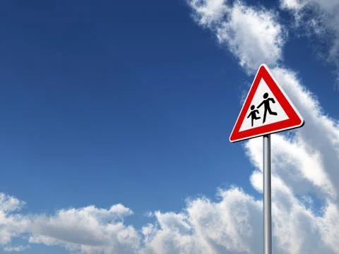 Attention childrens roadsign under cloudy blue sky - 3d illustration Stock Illustration