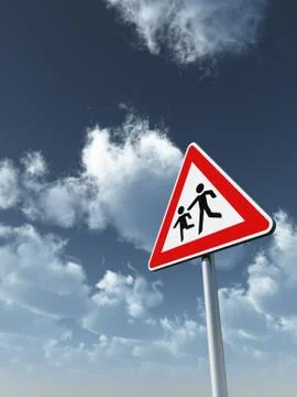 Attention childrens roadsign under cloudy blue sky - 3d illustration Stock Illustration
