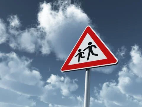 Attention childrens roadsign under cloudy blue sky - 3d illustration Stock Illustration