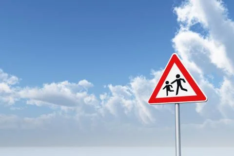 Attention childrens roadsign under cloudy blue sky - 3d illustration Stock Illustration